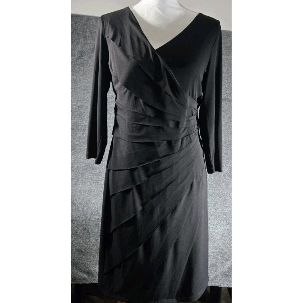 London Times V-Neck Tiered Ruffled 3/4 Sleeve Dress Size 14 Black Office Party
